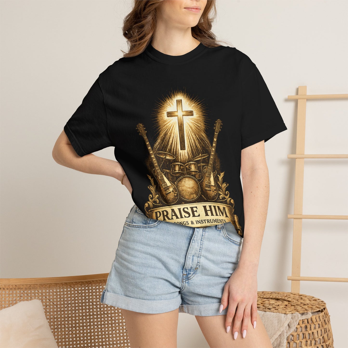 Praise Him T-Shirt — Psalm 98:5 Worship Guitar & Cross Tee