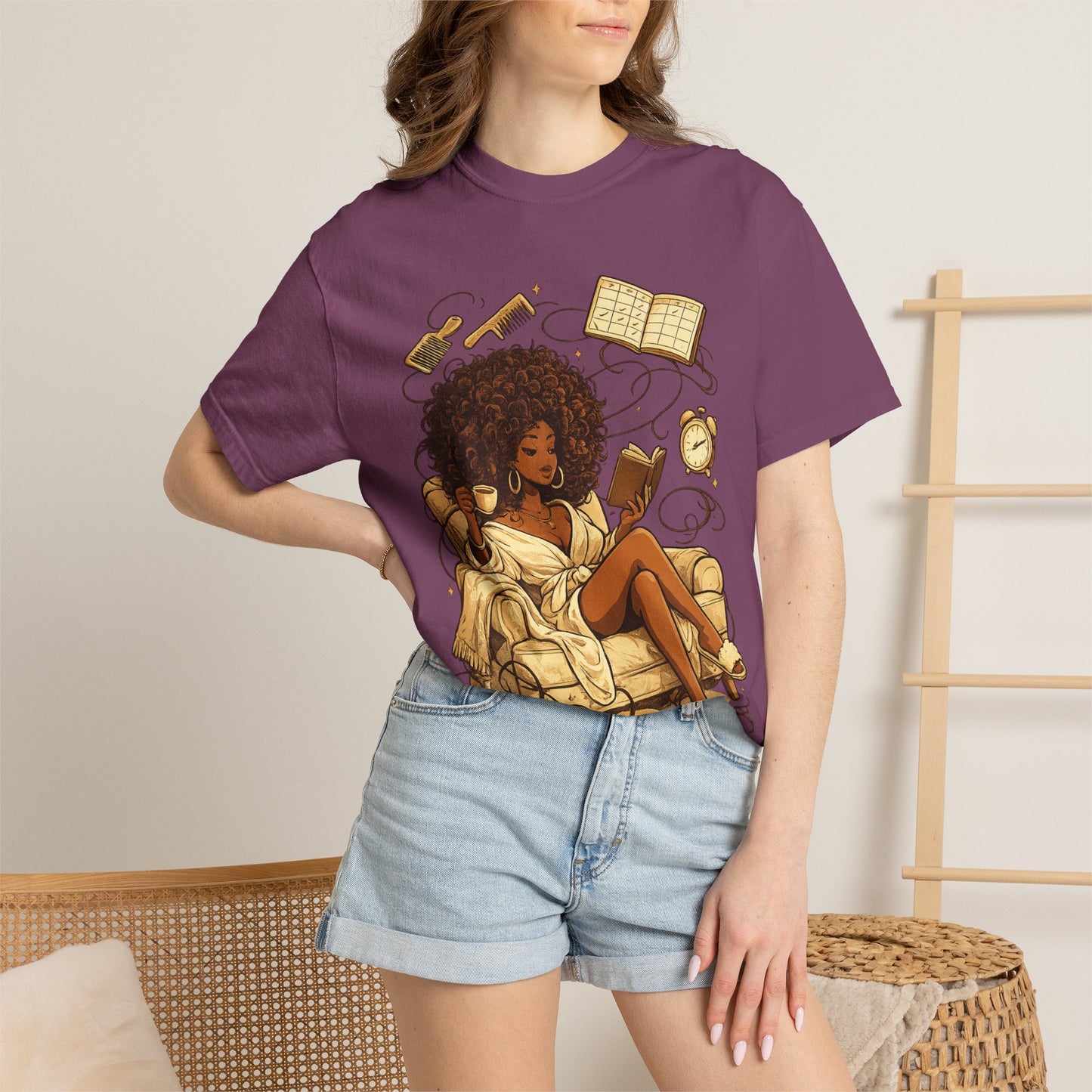 Cozy Booklover T‑Shirt — Afro Woman Reading in Armchair Graphic Tee