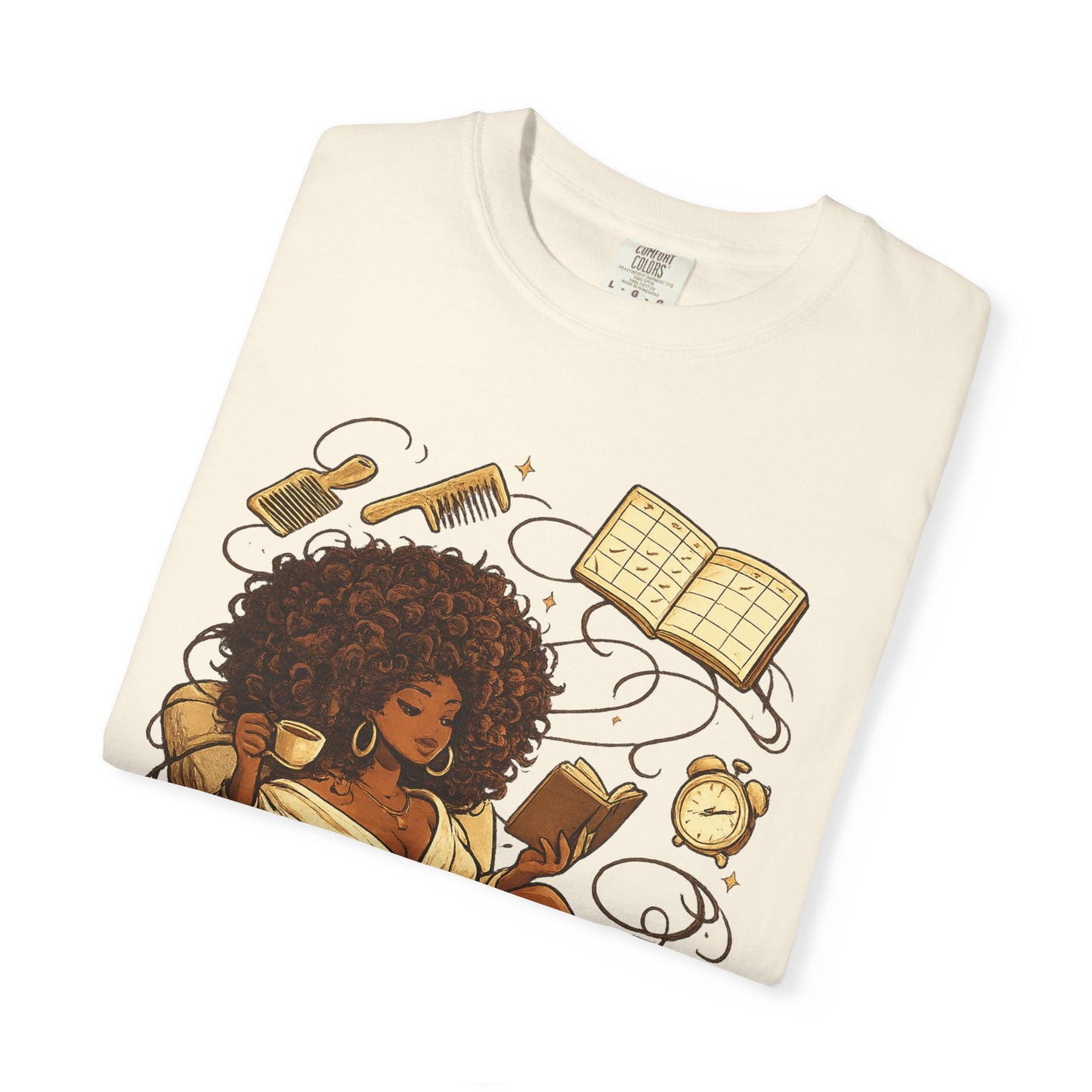 Cozy Booklover T‑Shirt — Afro Woman Reading in Armchair Graphic Tee