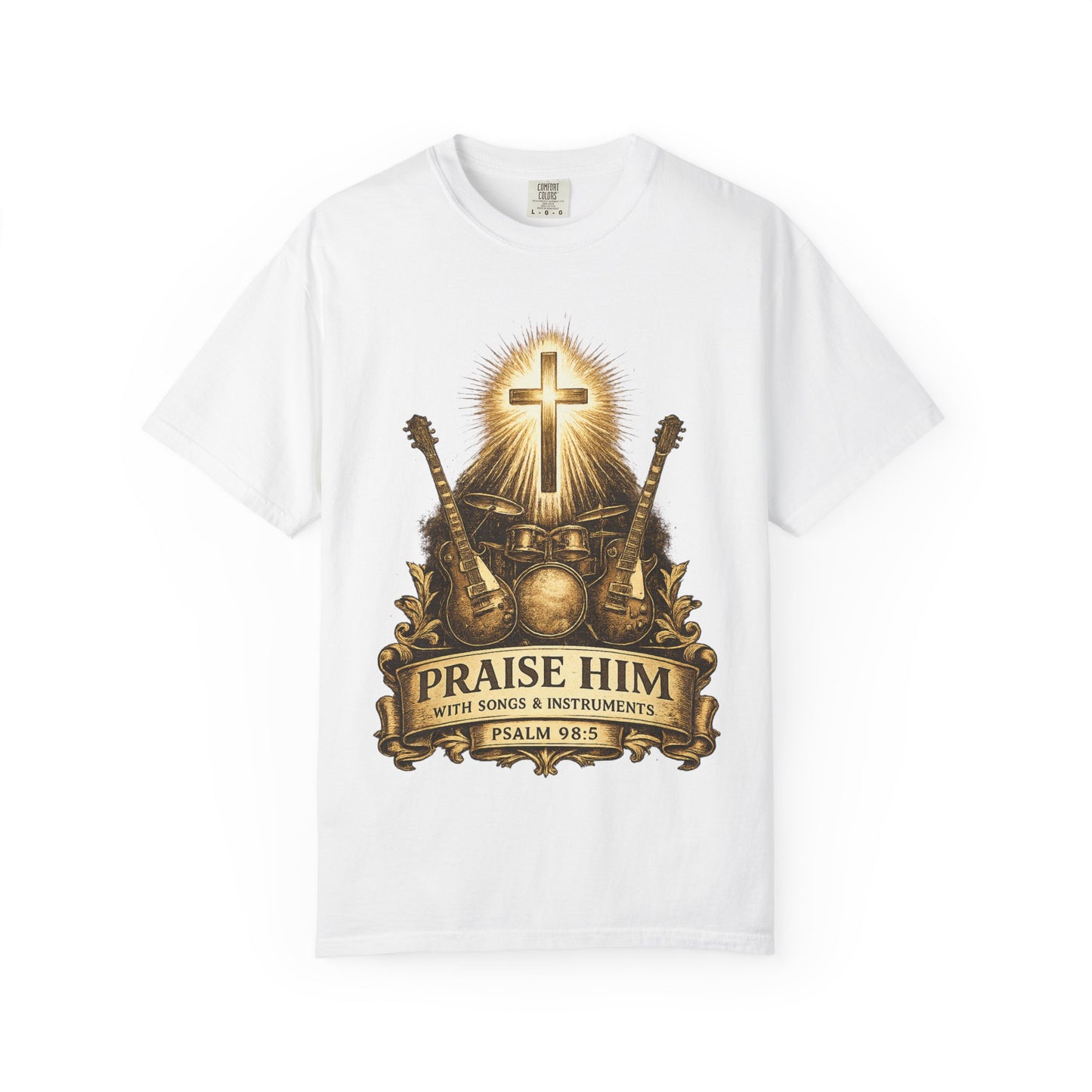 Praise Him T-Shirt — Psalm 98:5 Worship Guitar & Cross Tee