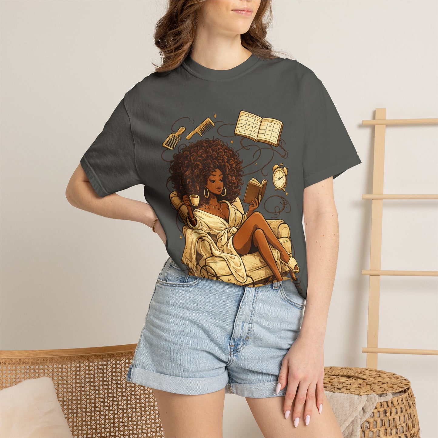 Cozy Booklover T‑Shirt — Afro Woman Reading in Armchair Graphic Tee