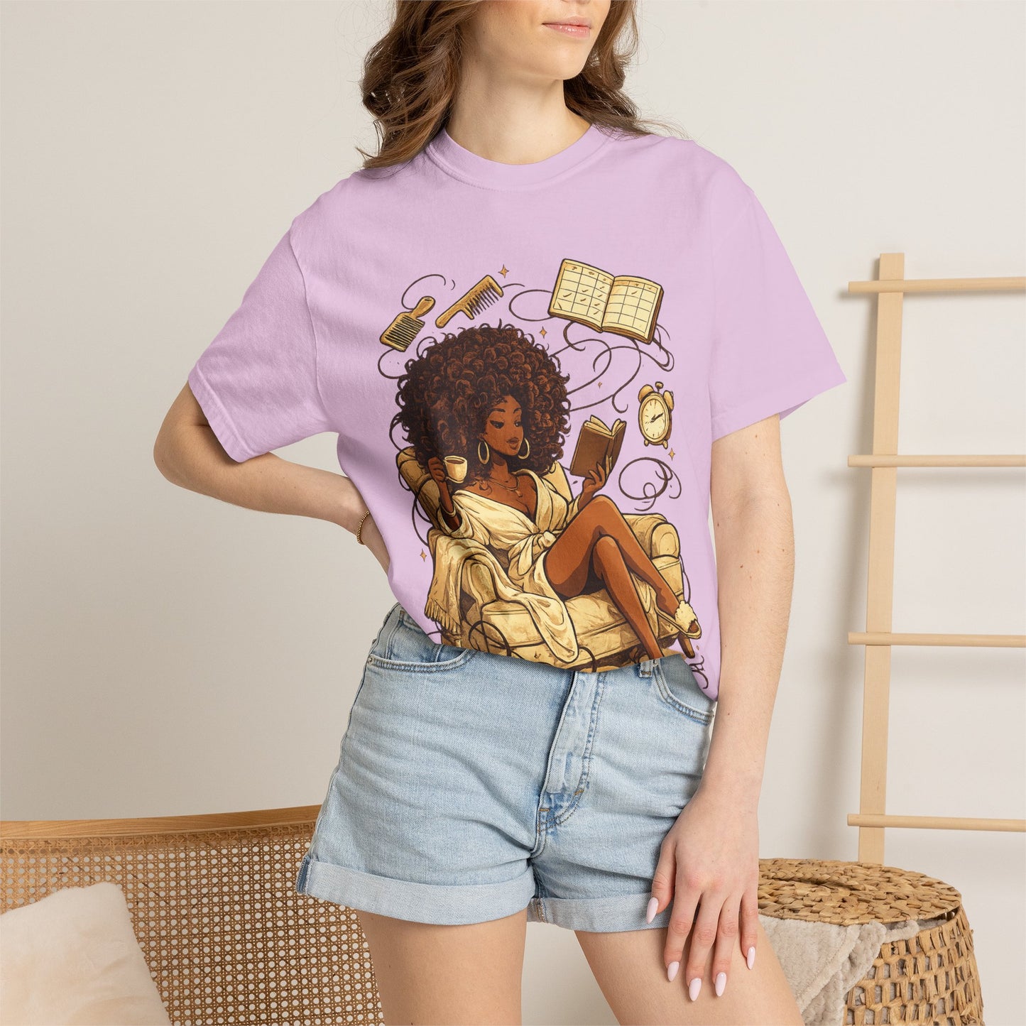 Cozy Booklover T‑Shirt — Afro Woman Reading in Armchair Graphic Tee