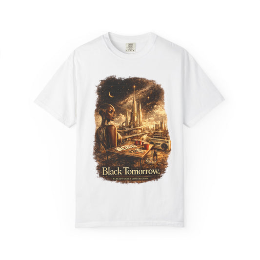Black Tomorrow Graphic T-Shirt — Futuristic Noir Cityscape Tee