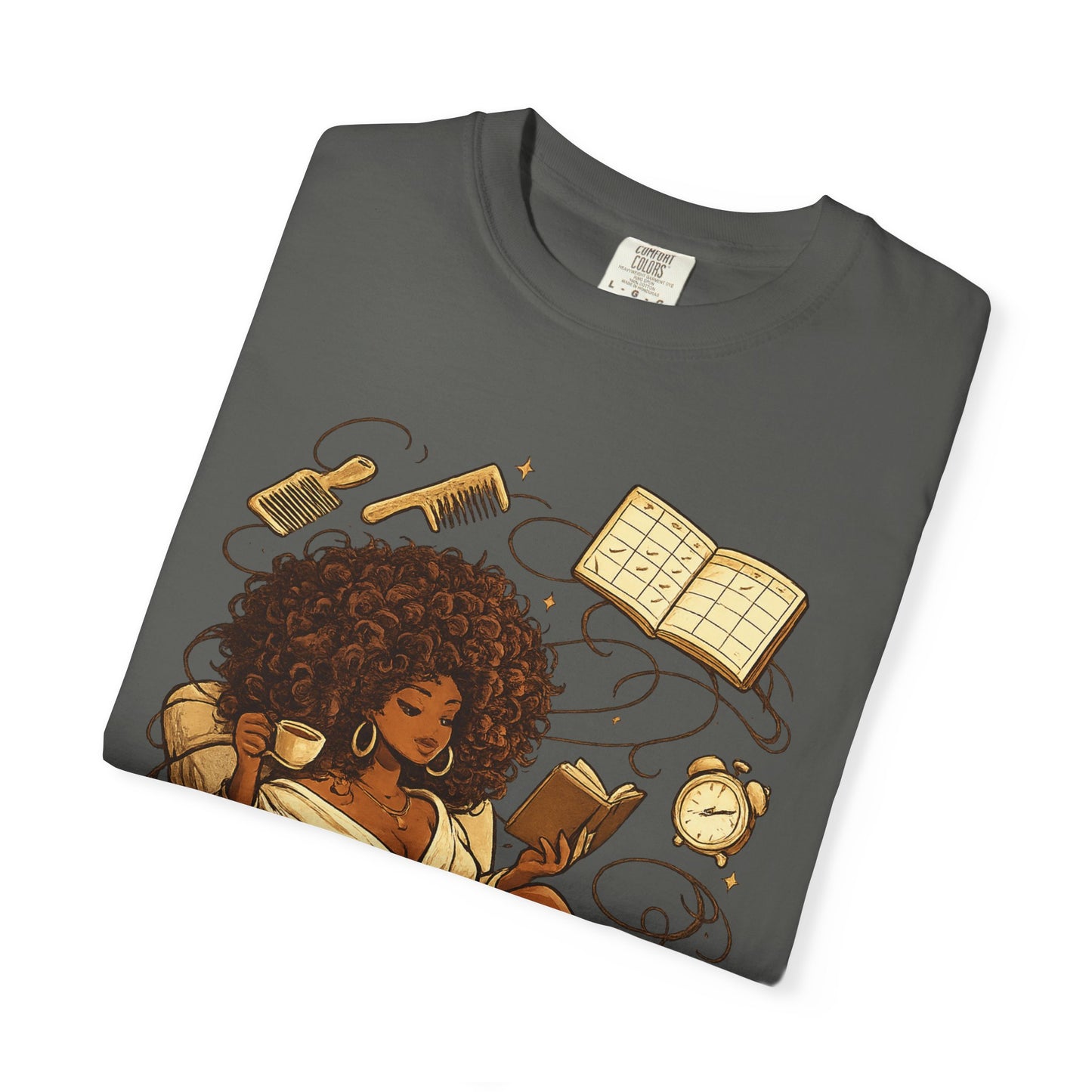 Cozy Booklover T‑Shirt — Afro Woman Reading in Armchair Graphic Tee