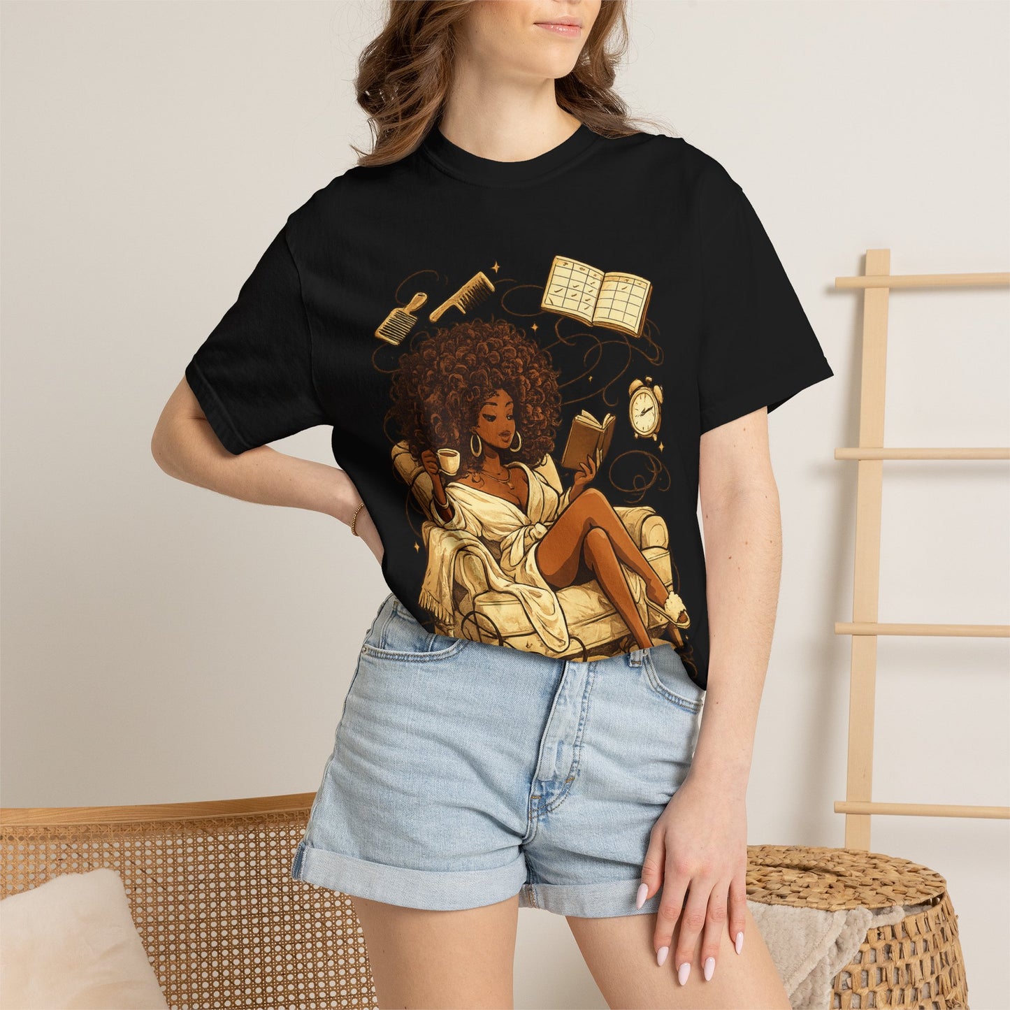 Cozy Booklover T‑Shirt — Afro Woman Reading in Armchair Graphic Tee