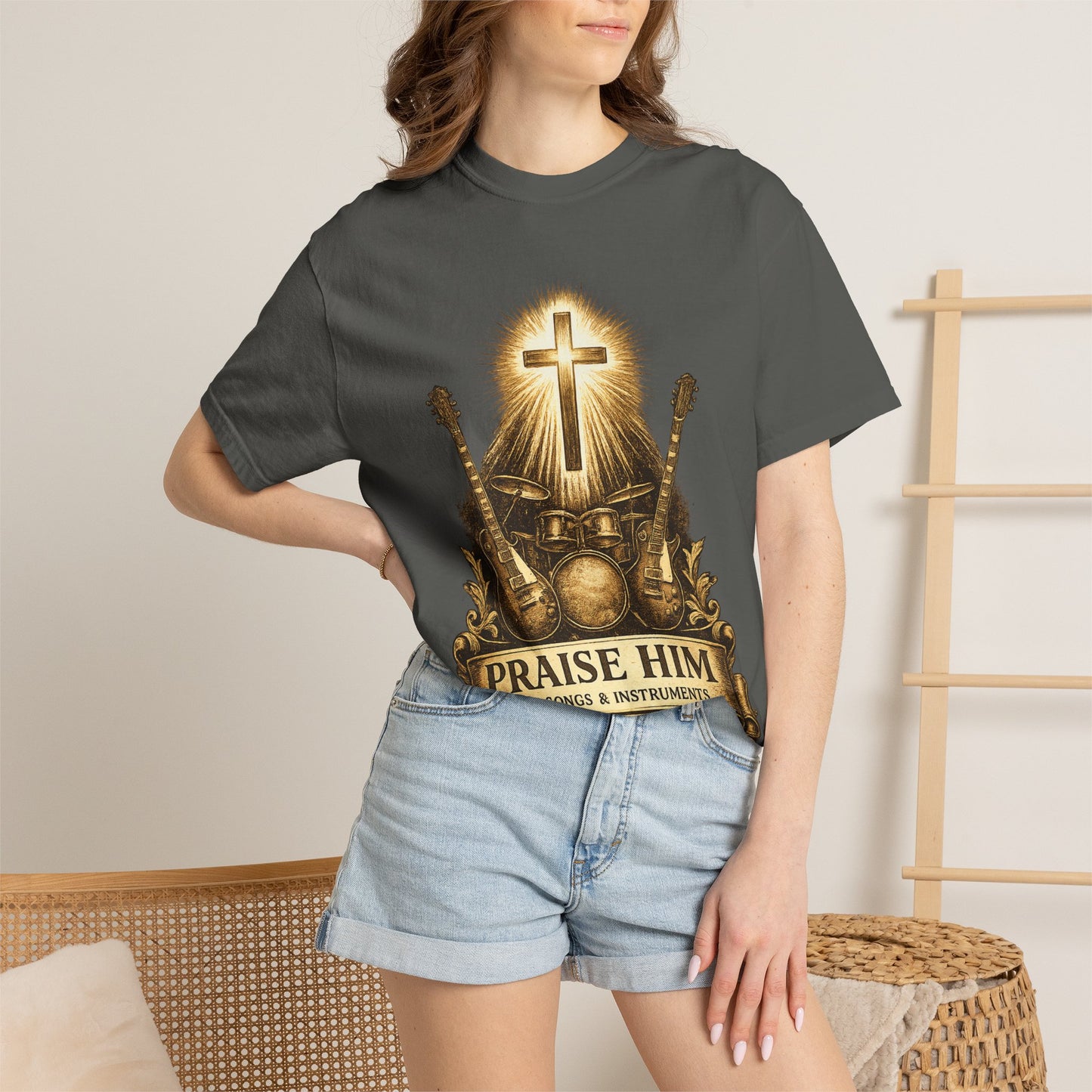 Praise Him T-Shirt — Psalm 98:5 Worship Guitar & Cross Tee