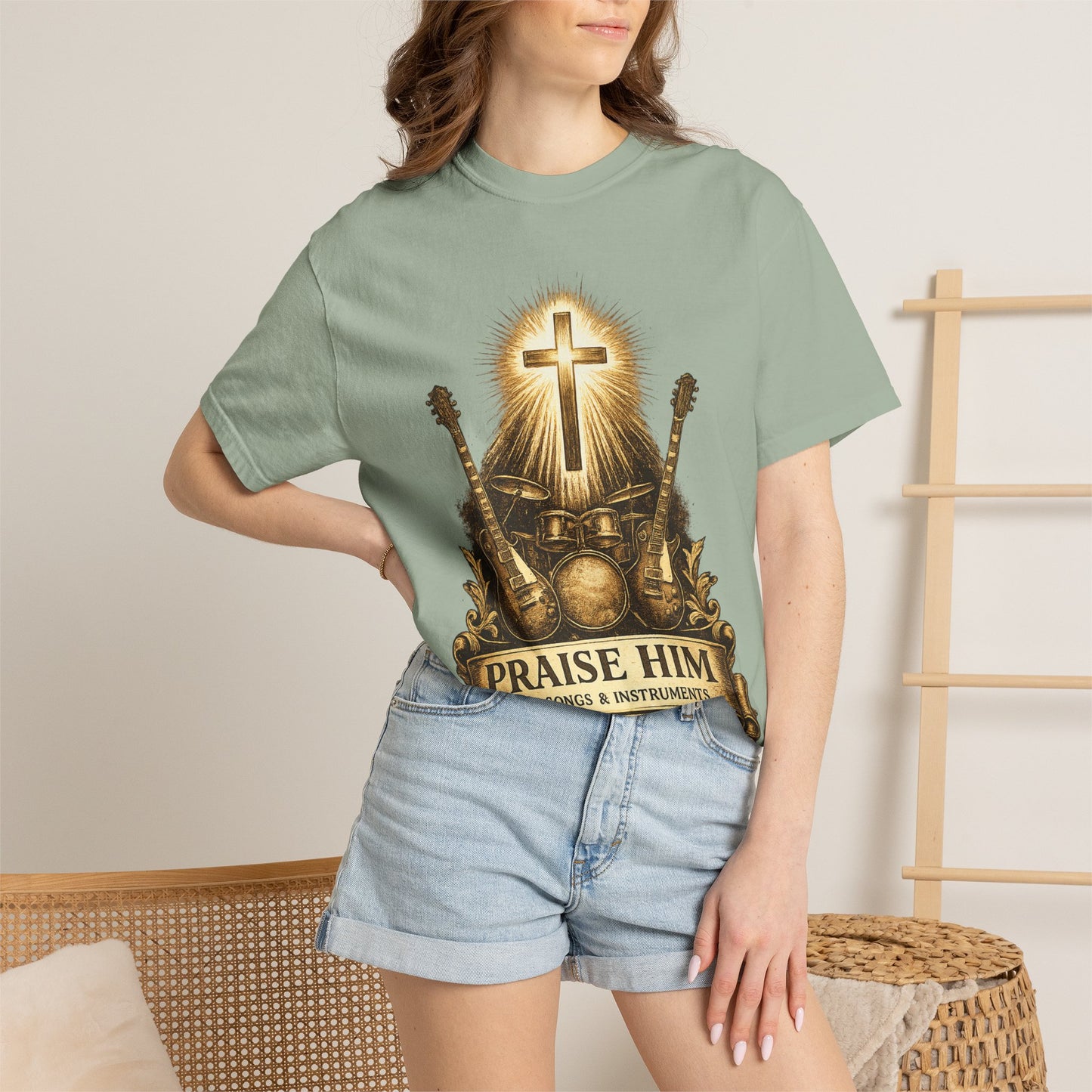 Praise Him T-Shirt — Psalm 98:5 Worship Guitar & Cross Tee