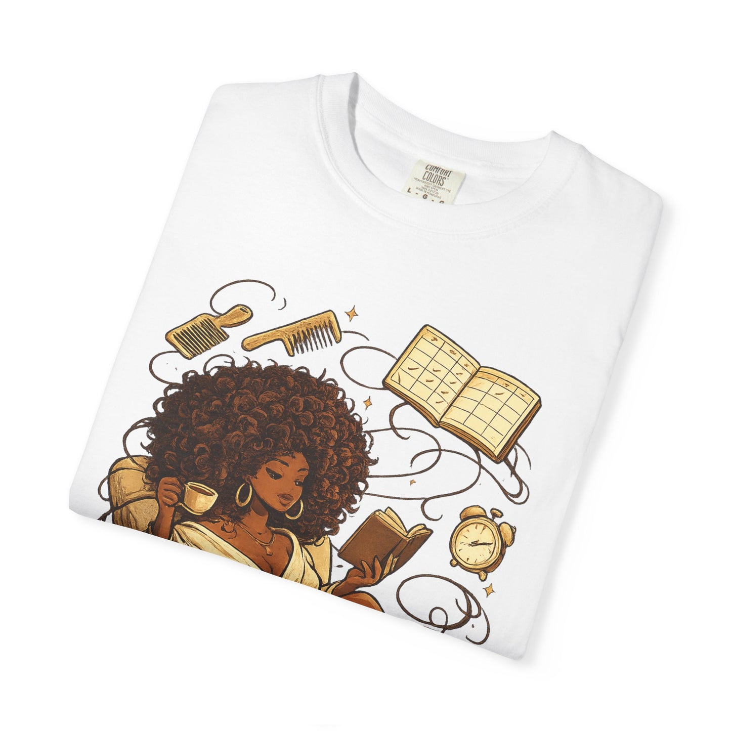 Cozy Booklover T‑Shirt — Afro Woman Reading in Armchair Graphic Tee