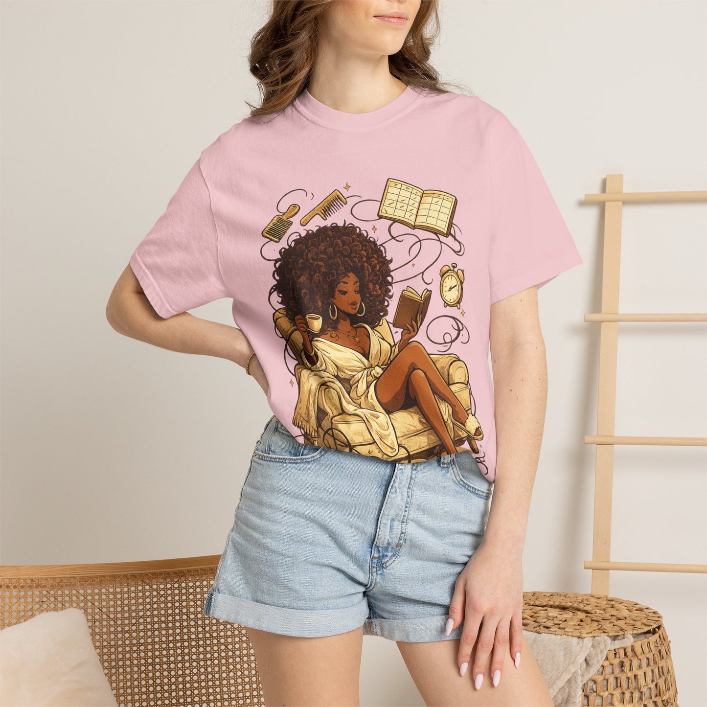 Cozy Booklover T‑Shirt — Afro Woman Reading in Armchair Graphic Tee
