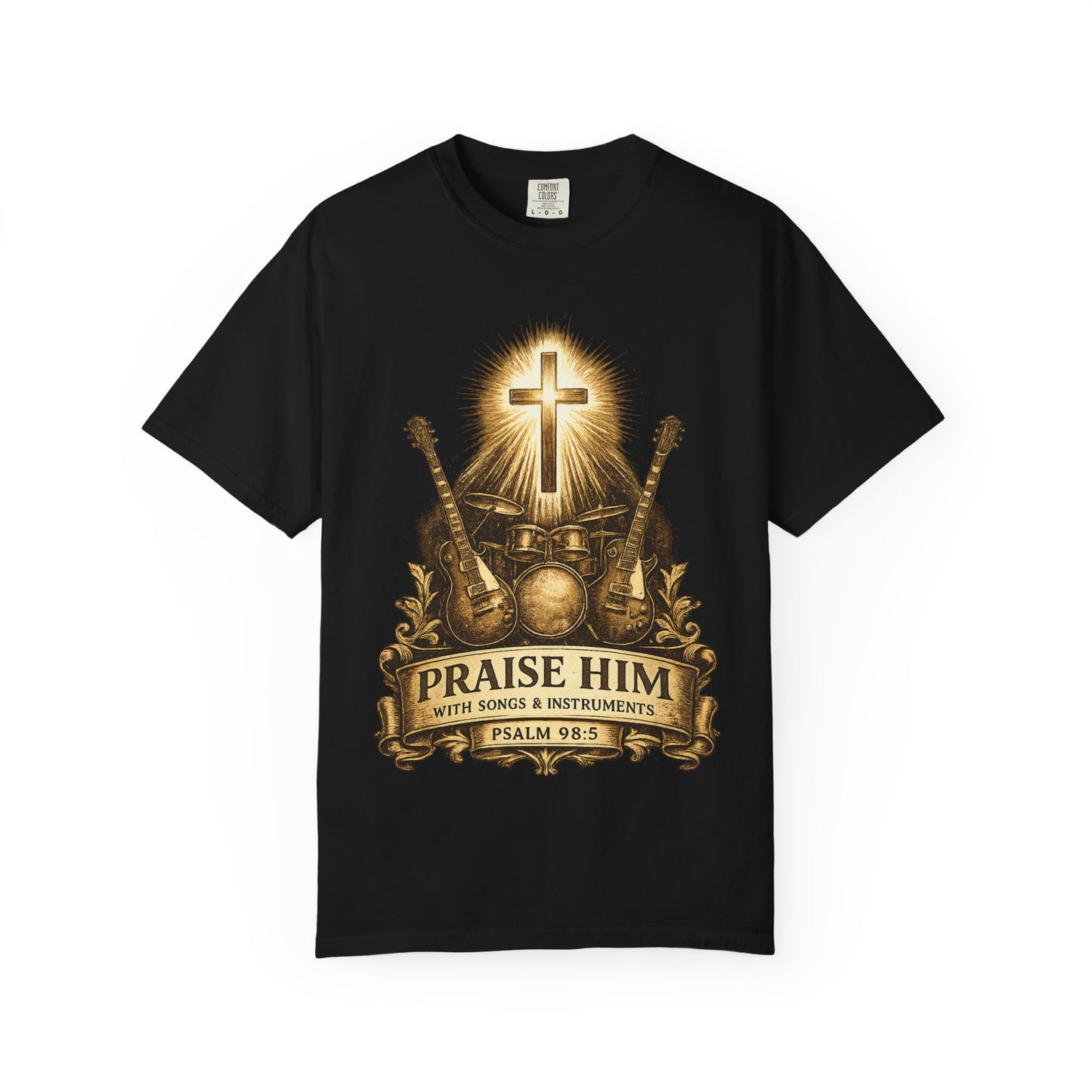 Praise Him T-Shirt — Psalm 98:5 Worship Guitar & Cross Tee