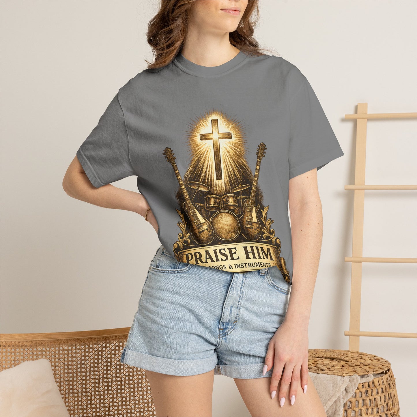 Praise Him T-Shirt — Psalm 98:5 Worship Guitar & Cross Tee